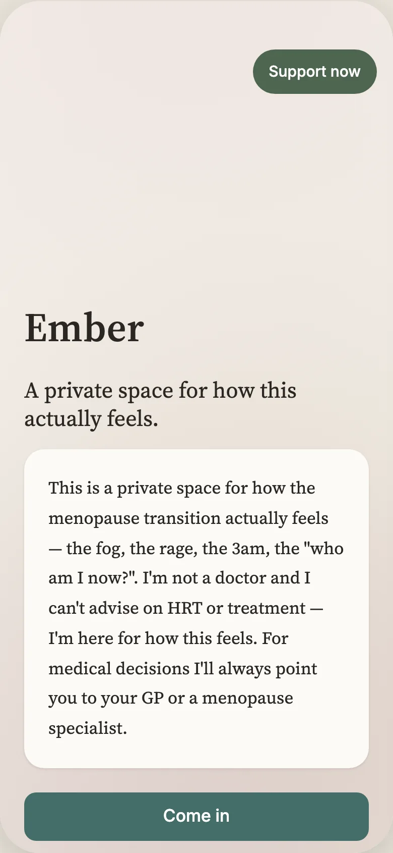 Ember's welcome screen: a warm greeting and a single begin button — no forms, no baseline questionnaire